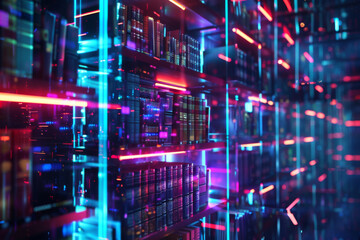 Fototapeta premium Abstract digital library background with holographic bookshelves and glowing neon light effects