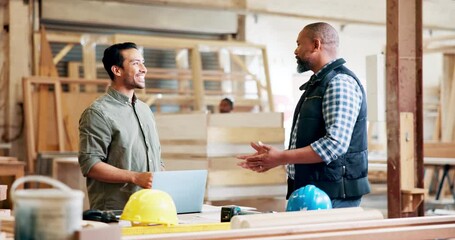 Handyman, handshake or agreement for construction, building and startup collaboration. Carpenter, workshop and partnership for manufacturing, deal or maintenance or renovation with lumber for project