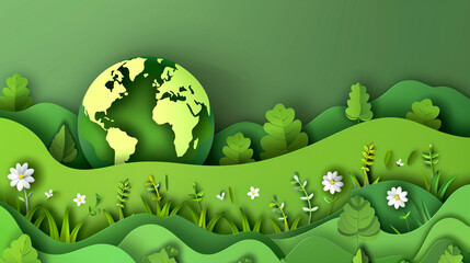 Celebrate the planet with a green world-themed banner in a unique paper cute style, designed for Earth Day and World Environment Day concepts, complete with copy space for environmental messages.