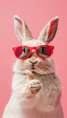Stylish easter bunny in sunglasses giving thumbs up on soft pastel background for text addition