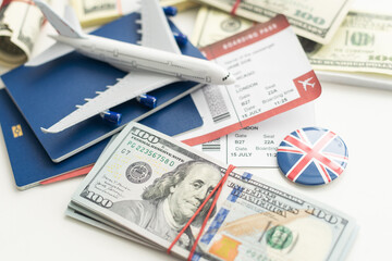 Plane on dollar cash background, travel with airplane concept.
