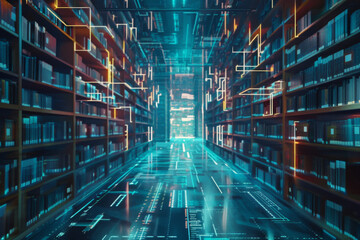 Abstract digital library background with holographic bookshelves and glowing neon light effects
