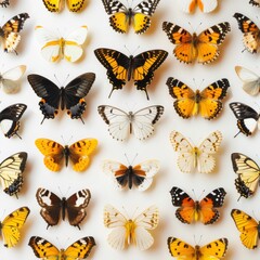 Aerial montage of butterflies and bees, showcasing wing patterns, stark white background