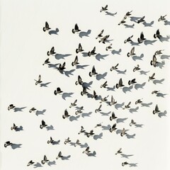 Aerial view of a flock of migrating birds, their formation a dance of shadows on white