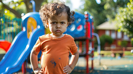 Angry multiracial child with curly hair and orange shirt. hands on hips in the playground. - obrazy, fototapety, plakaty