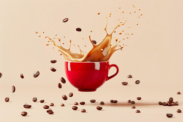 A red cup of coffee with coffee beans around flying in the air,  spilling out brown liquid, against a beige background - obrazy, fototapety, plakaty