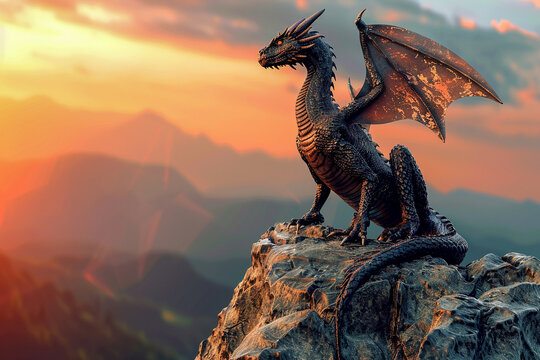 A detailed 3D model of a dragon perched atop a mountain, scales glistening in the sun