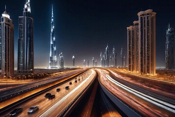 Fototapeta na wymiar Urban view on night Dubai city highway with cars and street lamps blurred light. Defocused lights, style color tone, design concept. Abstract stylish backgrounds. Copy text space, wallpaper, poster