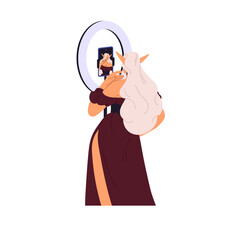 Artist makes elf cosplay back view. Creator stand front of smartphone, record video for blog. Creative blogger creates content, takes photo for social media. Flat isolated vector illustration on white