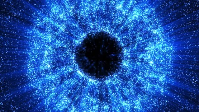 Abstract round sphere made of shiny blue magic glow particles on a dark background, energy ball of bright dots, spherical ball motion. Seamless looping 4k video.