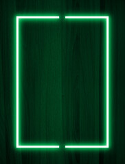 Dark wood wall background, green neon light and rectangle shape with vertical banner.
