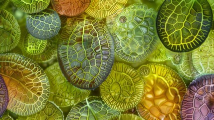 A colorful composite image of stomata on different types of plant leaves showcasing the diversity and complexity of these tiny structures. - obrazy, fototapety, plakaty