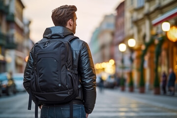 Man with Backpack Exploring City Streets  