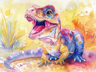 Watercolor of a TRex, portrayed cutely in bright pastel colors, vivid against a soft, charming background