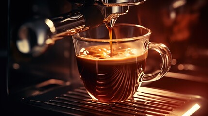 Generative AI of Golden Espresso Flowing into Glass Coffee Cup with Warm Amber Hues and Metallic Machine Highlights - Captivating for Café Culture, Beverage Photography, and Aromatic Experience