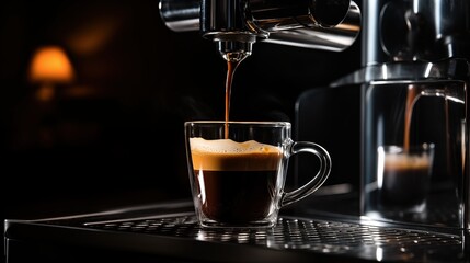 Generative AI of Closeup of Espresso Brewing Process with copy space concept for Professional Coffee Making, Restaurant Beverage Service, and Caffeine Enjoyment
