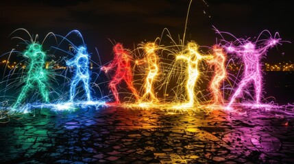 Dancing in the night sparklers create a rainbow of colors with their sizzling light trails.