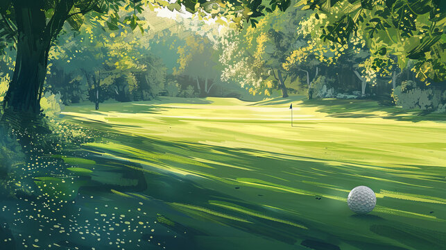 A picturesque digital painting of a golf course basking in sunlight, highlighting the tranquility of a golf game set in nature's splendor