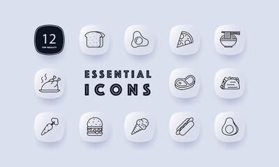 Delicacy set icon. Bread, shawarma, eggs, fried eggs, ice cream, carrots, steak, burger, sausage in dough, grilled chicken, pizza, noodles, street food, gradient, unusual food. Neomorphism style.
