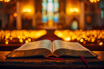 Open Bible on a Candlelit Church Pew. Concept Bible Study for Beginners, Prayer for Strength