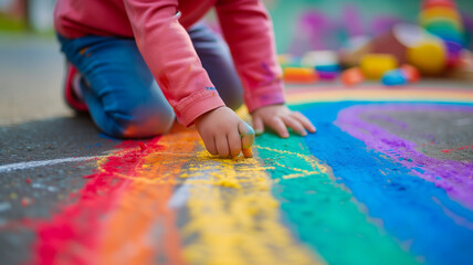 Child's Creativity. Drawing Rainbow with Chalk on Pavement