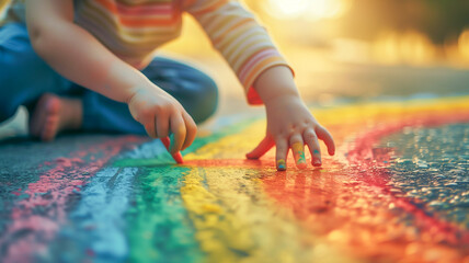 Child's Creativity. Drawing Rainbow with Chalk on Pavement