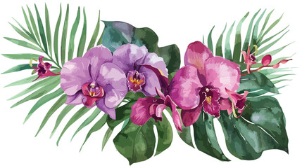 Watercolor tropical flowers. Violet orchid and palm le