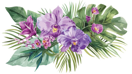 Watercolor tropical flowers. Violet orchid and palm le - obrazy, fototapety, plakaty