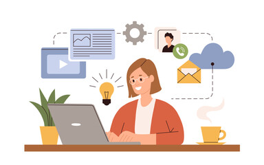 Working at home vector flat style illustration. Online career. Home office illustration. Young woman freelancer working on laptop or computer at home. Business woman at home in quarantine