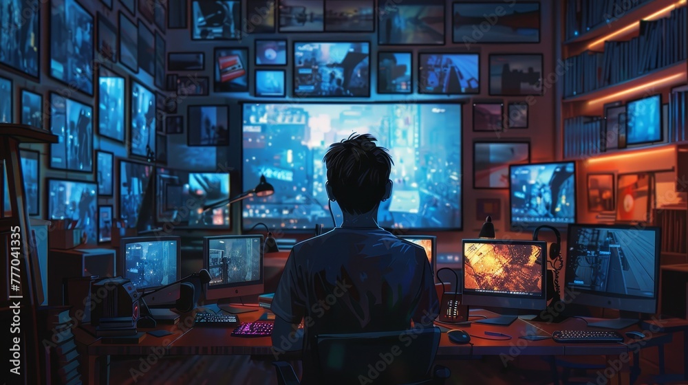 Poster a man is sitting in front of a computer monitor with a blue background. the room is filled with moni