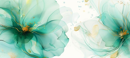 Abstract background with translucent teal and green leaves, with gold veins on a white background. alcohol ink effect, thin golden lines, white background, light green and turquoise leaves