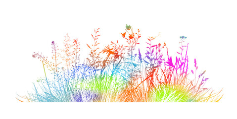 colored grass. Silhouette of meadow rainbow grass. hand drawing. Not AI. Vector illustration.