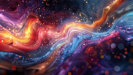 A colorful, swirling galaxy of stars and planets. The colors are vibrant and the shapes are abstract. Scene is one of wonder and awe, as if the viewer is being transported to another world