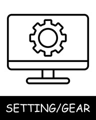 Computer, gear icon.Modern technology, monitor, services, tuning, offer users the ability to customize their experience on the platform. Assistance in adjustments and optimization.