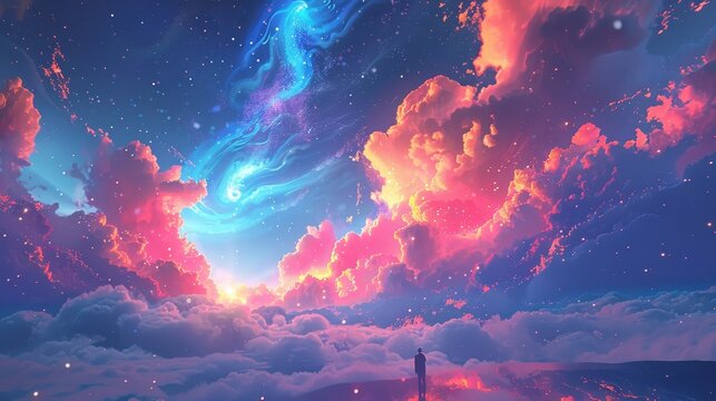 A colorful sky with a person standing on the ground. The sky is filled with clouds and stars, and the person appears to be looking up at the sky