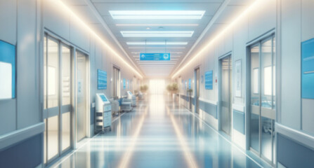 Blurred light background of modern hospital corridor exudes a calm and clean atmosphere with no people present. Concept for medical presentations, brochures, health-related articles and blogs