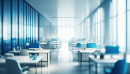 Blurred light background of a corporate office with desks and monitors bathed in cool blue tones. No people. Concept for design, presentation, digital displays in conferences