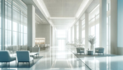 Blurred light background of a tranquil hospital or clinic waiting area, soft light, with comfortable seating and a calming ambiance, space for visitors and patient. Concept for medical presentations