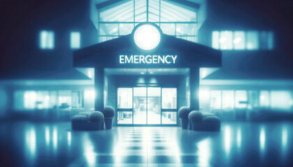 Blurred background of the nightlight entrance of an emergency department or a hospital stands ready, a beacon of hope and urgency, underlining the round-the-clock readiness of healthcare services.
