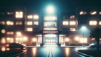 Blurred background of night view of a hospital's emergency entrance with soft glowing lights. Concept urban healthcare, presentations, design