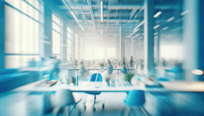 A blurred background of a lively corporate office in motion blur with blue tones and people working. Concept for design, presentation, digital displays in conferences