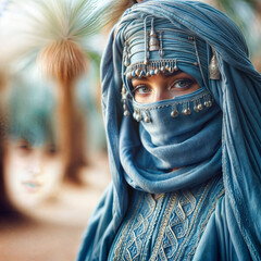 a woman wearing a blue head scarf, a photorealistic painting, shutterstock contest winner, art photography, beautiful, enchanting, creative commons attribution