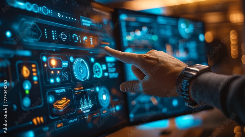 Poster a person is pointing at a computer monitor displaying a variety of screens. the screens are all disp