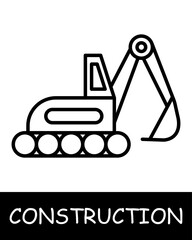 Construction, technology icon. Construction equipment, bucket, crawler, cockpit, crane, building. Industrial machinery, heavy duty vehicles, and tools for construction projects concept.