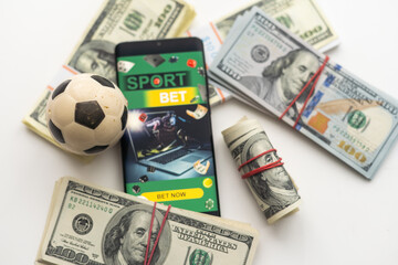 tablet pc with app for sport bets, on top of stacks of banknotes, white background, concept of online bets 3d render