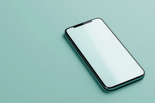 Phone with vertical white screen isolated green background. Mock Up Display. Smartphone gadget for advertising. Front view Mobile phone with empty blank screen. Layout template. Smart phone device ad