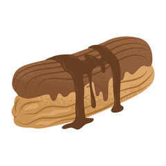 Eclair cake with cream and chocolate syrup. Sweet pastries for the holiday table. Candy store. Vector illustration isolated on transparent background.