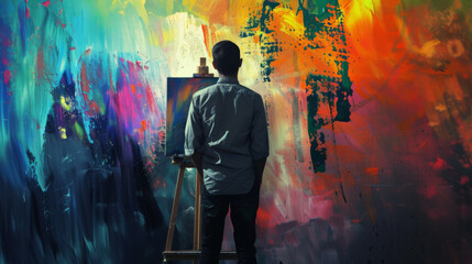 The artist is painting at an easel, with a colorful abstract background, brush strokes and splashes of paint in the air - obrazy, fototapety, plakaty