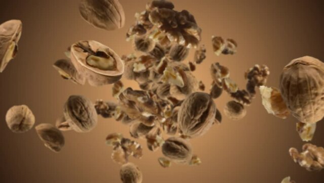 Raw walnuts chunks exploding and flying in super slow motion. Pieces of walnuts drops after explosion. High speed 1000fps vertical video