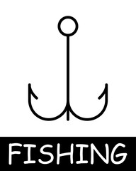 Catch, fish, fisherman icon. Fishing rod, hook, bait, float, underwater creatures, landscape, simplicity, silhouettes, relaxation in nature, fresh air, hobby. Concept of fishing, useful recreation.